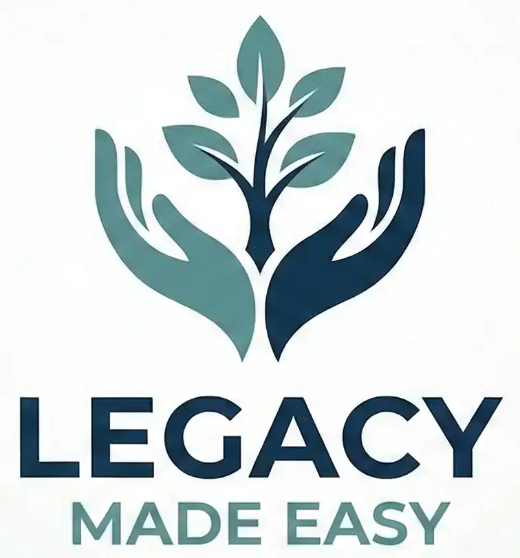 Legacy Made Easy logo showing two hands holding a growing plant in dark green and light green.